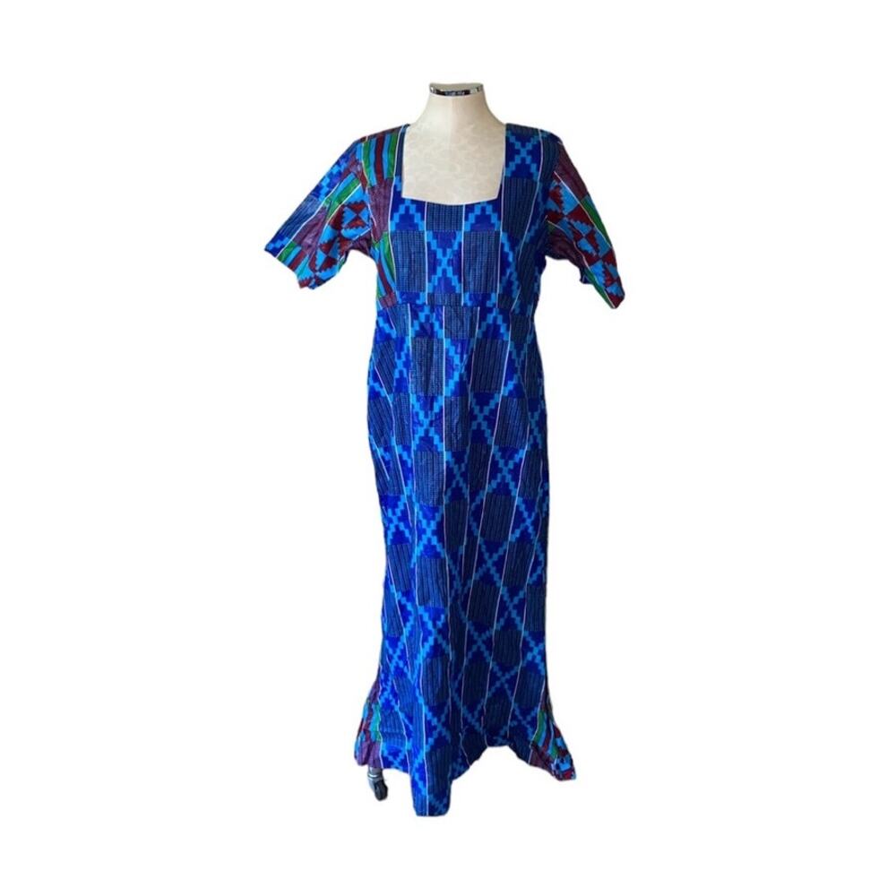 African Blue Patchwork Geometric Pattern Hand Made Square Neck Maxi Dress